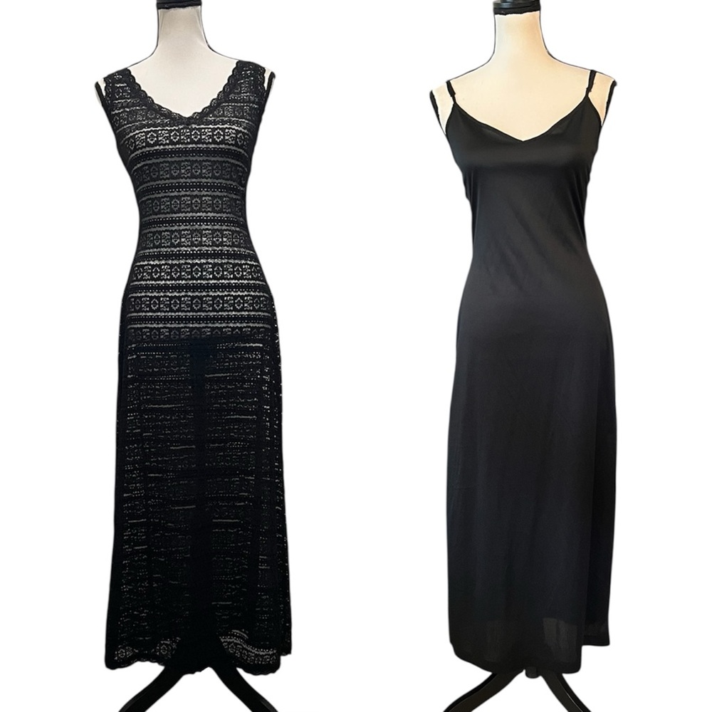 Vintage Betsey Johnson New York Black Sheer Lace Midi Maxi Dress & Slip Dress